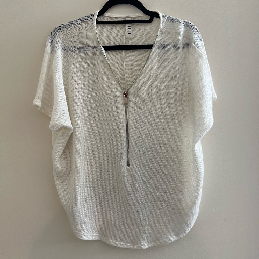 white lightweight knit zipper tunic